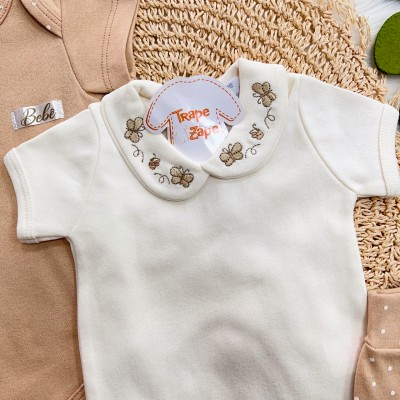Conj. de Malha 3 peças- Gola Bordada com Borboletas - Off White e Areia